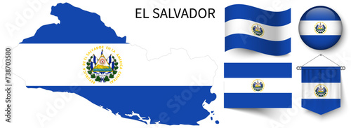 The various patterns of the El Salvador national flags and the map of El Salvador's borders