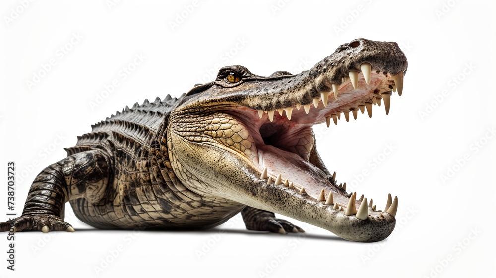Obraz premium On an entirely white background, a crocodile is opening its mouth.