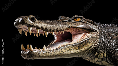 On an entirely dark background  a crocodile is opening its mouth.