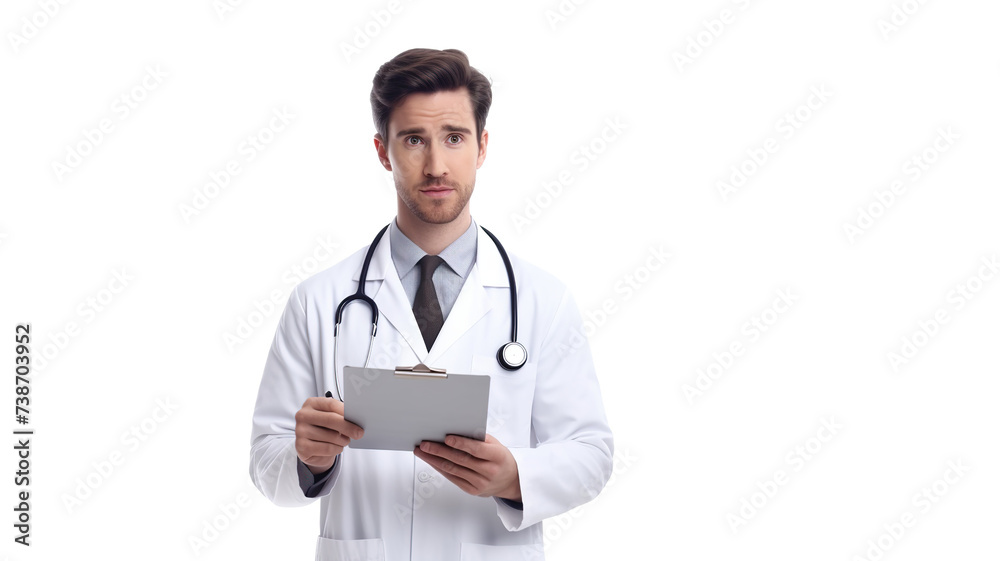 A doctor examines a patient's health in isolation against a stark white background. A doctor examines a patient's health in isolation against a stark white background.