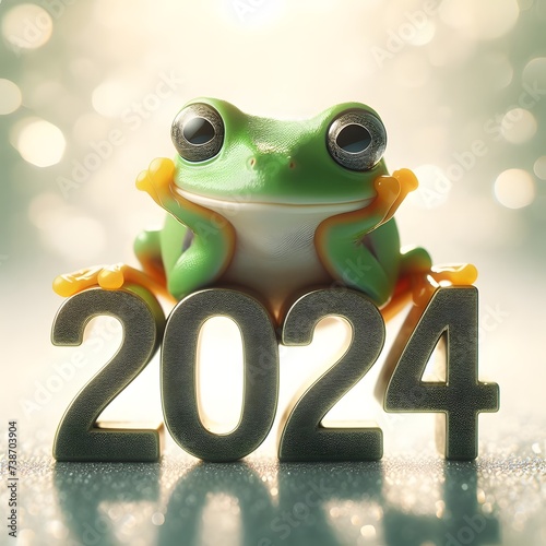 Leap day, one extra day, Leap year 29 February 2024 greeting card. Cute Green Frog Posing with 2024 Numbers on bokeh background. AI Generated