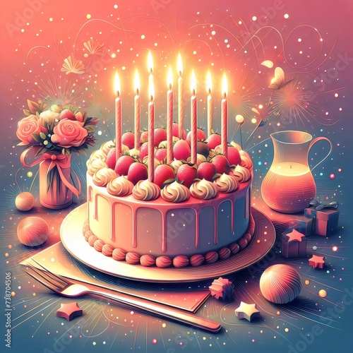 Happy birthaycake with candles and flowers on colorful background photo