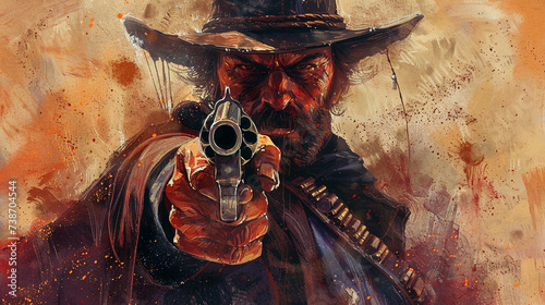 Intricate details in the artwork bring forth the essence of a gunslinger whose steely gaze sends shivers down spines photo