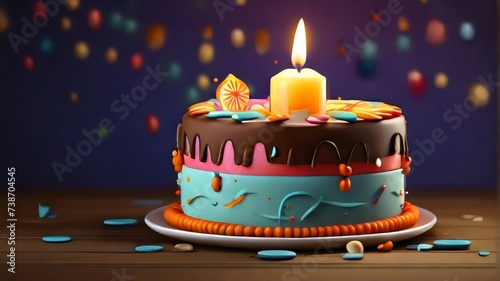 Happy birthaycake with candles and flowers on colorful background photo