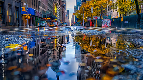 Street in New York City with puddles as reflection.
