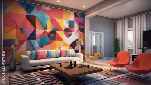 A contemporary 3D room interior design with sleek lines, geometric patterns, and pops of vibrant color, offering a dynamic and stylish living space.