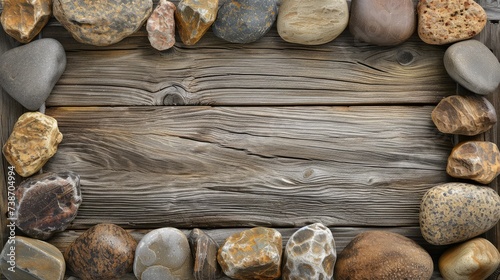 Frame made of stones with a background of wood. AI generative.