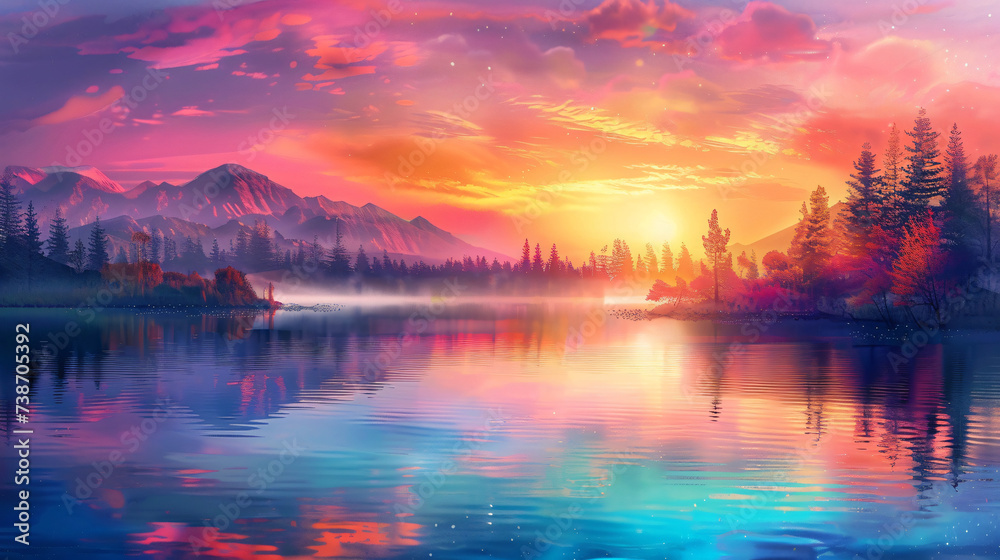 Stunning sunrise over the lake with vibrant colors.