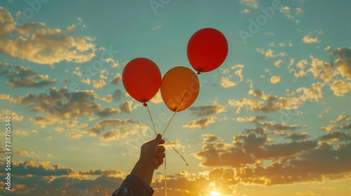 Bright Collection of Red, Orange, and Yellow Balloons Floating in Sky at Sunrise or Sunset, Hand Holding Balloons, Warm Colors, Gentle Clouds, Atmospheric Image of Celebration and Lightness photo