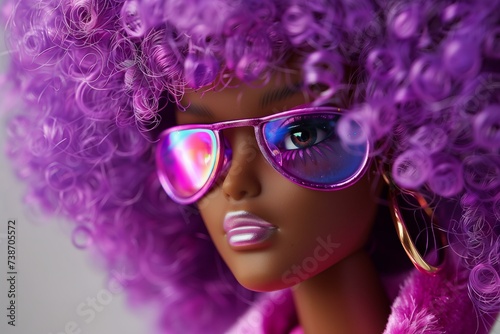 black fashion doll with pastel purple afro hair, holographic sun glasses, pink clothes