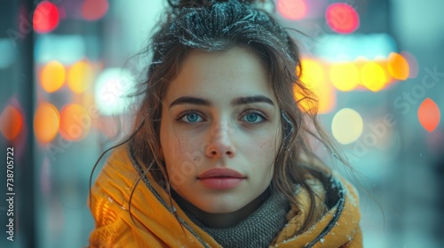 A young woman walks in the evening through a city decorated with lights. In the winter cold she poses on the street, warmly dressed, happy and stylish