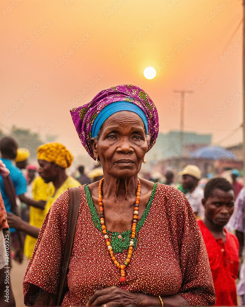 Old African Woman in Vibrant Headwrap and Traditional Attire