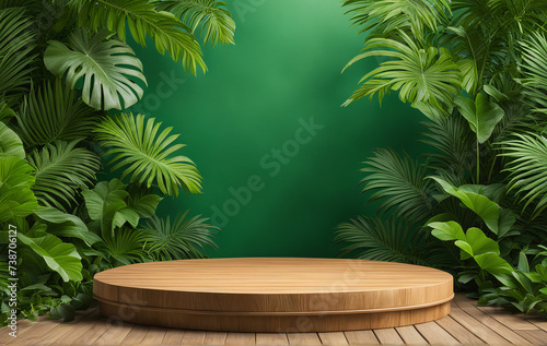 Wooden podium on green background with tropical plants. Natural background.