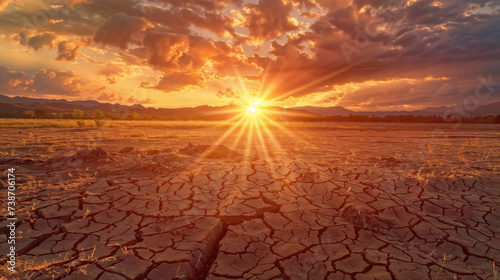 Sunset or Sunrise Over a Parched, Cracked Landscape Indicating Drought, Intricate Earth Pattern, Sparse Vegetation Visible, Semi-Arid Region Or Dry Season Scene, Sun Ray Enhanced Texture, Warm Colors 