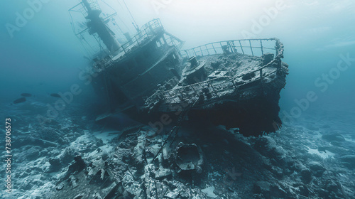Sunken ship landscape on the seabed underwater. © Salman