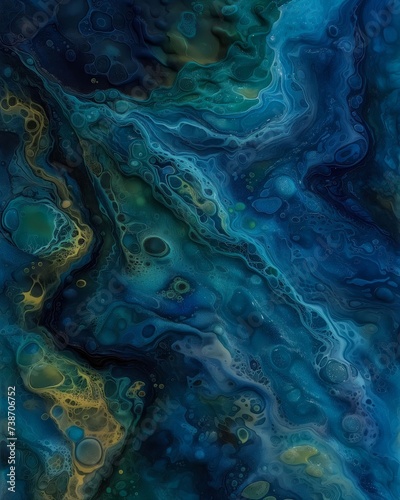 Abstract Fluid Art Background with Blue and Green Swirls, Resin Painting Marbling Texture