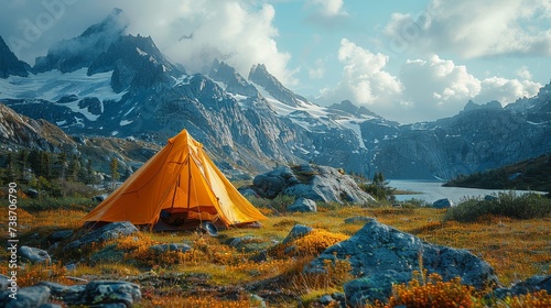 Tent Pitched in Field With Mountain View