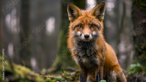 A red fox in the forest  looking at the camera with keen eyes