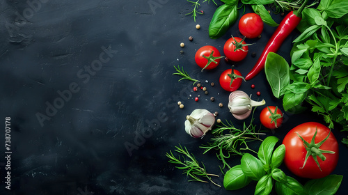 Vibrant tomatoes and chili pepper with fresh basil and garlic on a dark backdrop