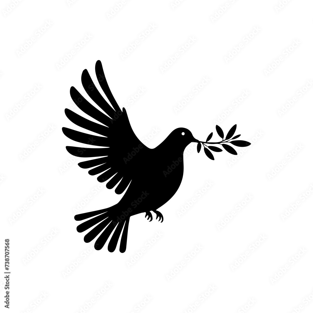 Dove of peace, Flying Dove With Olive Branch Black Silhouette on White Dove of peace, Flying Dove With Olive Branch Black Silhouette on White