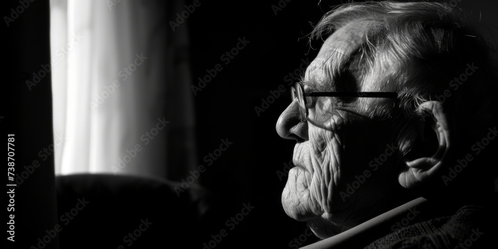 Elderly Caucasian man in contemplation, side-lit black and white portrait with space for text, concept of aging and reflection and parkinson