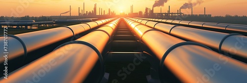 Sunset view of industrial pipelines with a refinery silhouette against an orange sky, depicting energy infrastructure and environmental concerns