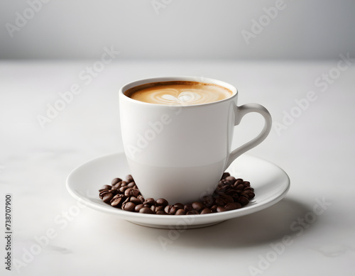 Elegant single white coffee cup in ceramic mug, side view isolated on studio white background