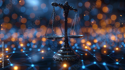 Scales of justice with bokeh lights in background