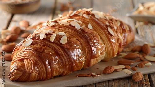 French croissant aux amandes almond croissant filled with almond cream, glazed, and topped with sliced almonds photo