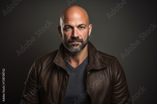 Handsome bald man wearing a leather jacket. Studio shot.