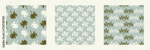 Modern botanical minimal wildflower vector pattern collection. Summer gender neutral pressed flower silhouette background. Simple nature floral paper cut out wallpaper wedding, hedgerow decor repeat.