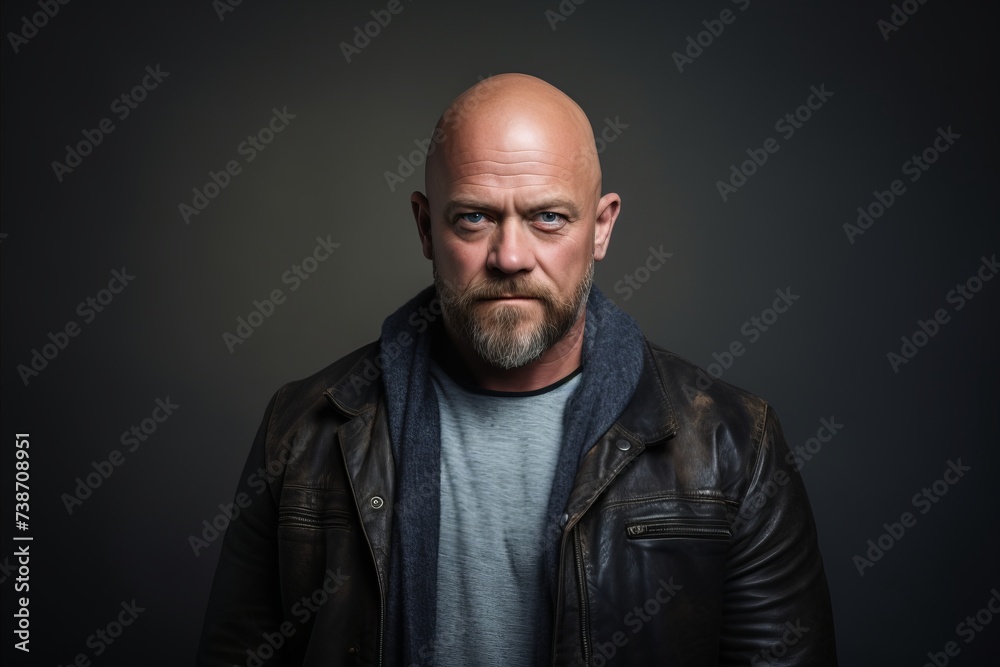 Portrait of a brutal man in a leather jacket on a dark background. Portrait of a brutal man in a leather jacket on a dark background.