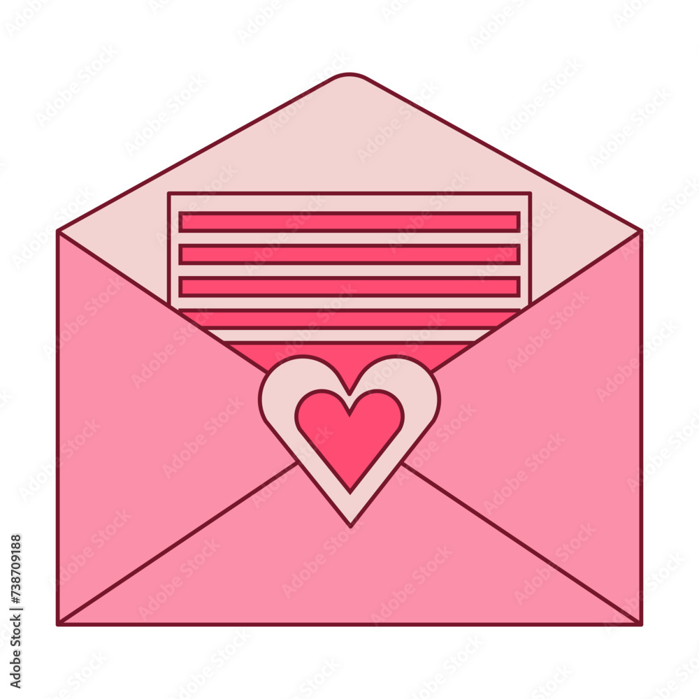 Open pink envelope with letter paper. Heart stamp Open pink envelope with letter paper. Heart stamp