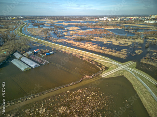 Aerial photography of the Widawa river floodplains in Wrocław, Poland in February, 2029