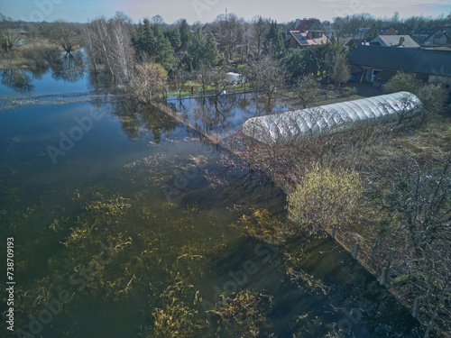 Aerial photography of the Widawa river floodplains in Wrocław, Poland in February, 2030