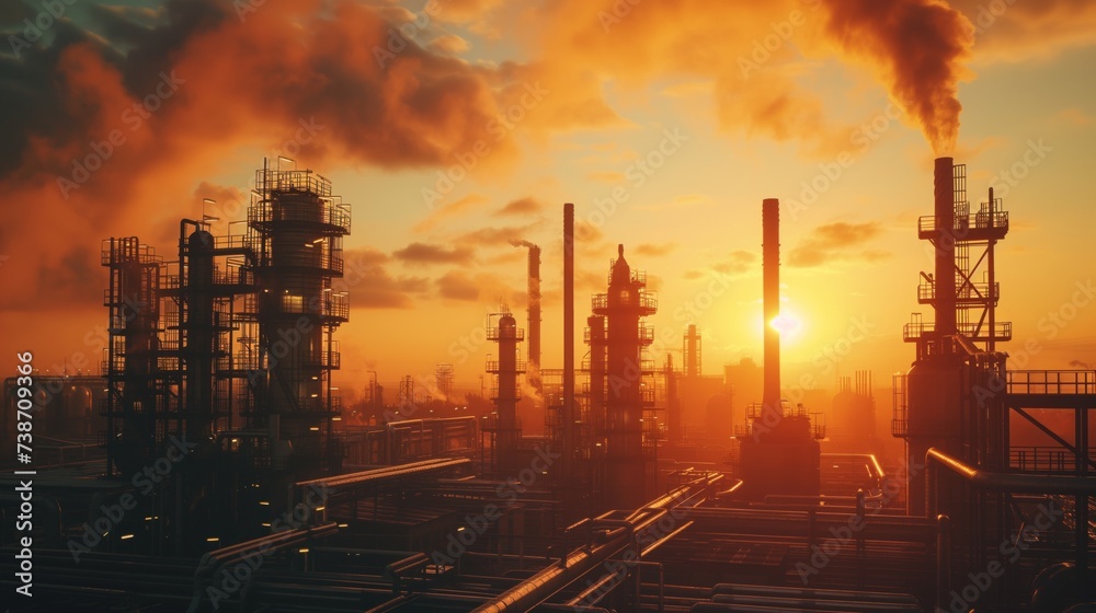 Industrial landscape at sunset with silhouette of a refinery complex emitting smoke against an orange sky, depicting environmental pollution and energy production concepts