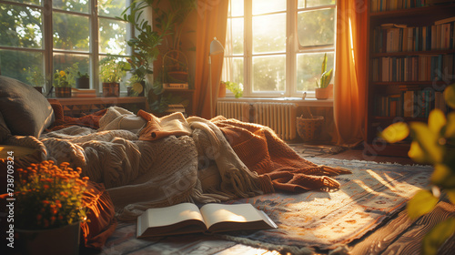 Soft  warm blankets  vintage decor  inviting ambiance  cozy reading nook  wide-angle lens  morning sunlight