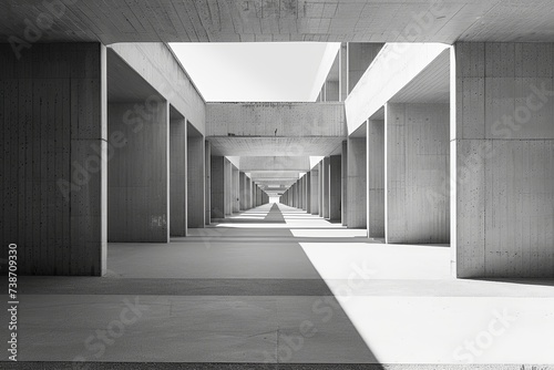 This black and white photo captures a long hallway stretching into the distance, with a play of light and shadows creating a sense of depth and mystery. Generative AI