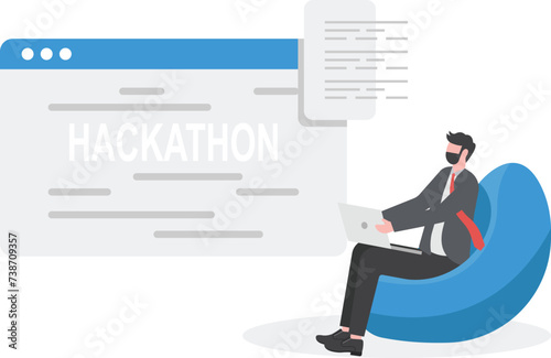 Hackathon Technology Infographic Illustration, Team working together on Programming and Web Development

