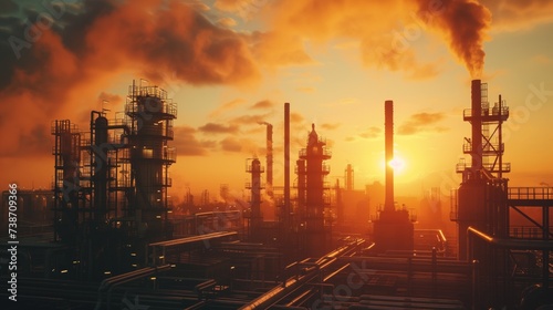 Industrial landscape at sunset with silhouette of a refinery complex emitting smoke against an orange sky, depicting environmental pollution and energy production concepts