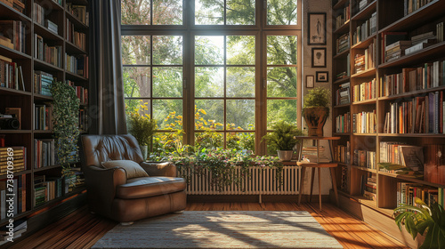 Sunlit window nook, cozy armchair, bookshelves filled with novels, vintage decor, prime lens, midday