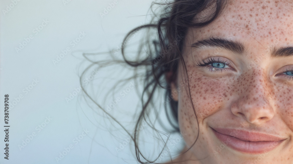 Joyous Portrait of a Freckled Individual with Dark Hair, Bathed in Natural Daytime Light, with a Soft Neutral Background