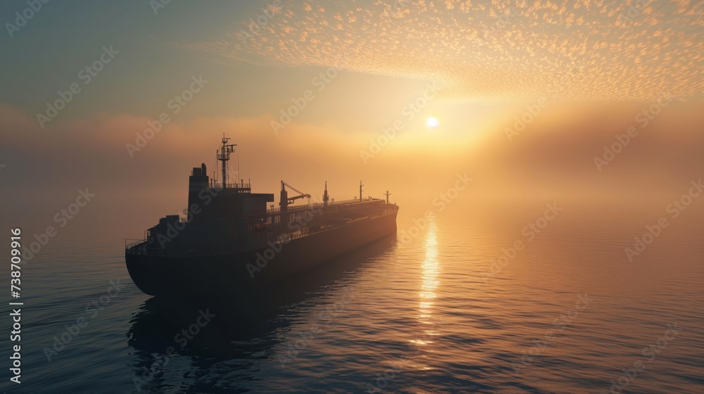Cargo ship silhouette against a vibrant sunrise over a calm ocean, ideal for background with space for text in marine transportation or logistics themes