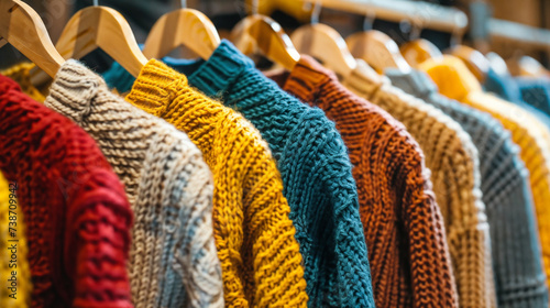 High Quality Knitted Sweaters in Vibrant Colors on Wooden Hangers, Display in Clothing Store or Personal Collection, Warm and Comfortable Garments, Variety of Rich Colors, Different Knit Patterns, Yel