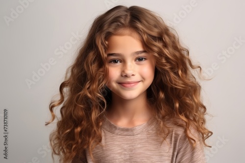 Portrait of a cute little girl with long curly hair. Studio shot.