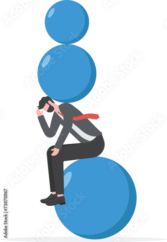 Burden, obligation to pay off, heavy stress problem or difficulty, work pressure thinking to make decision, overload duty or overthinking concept, businessman thinking with heavy burden boulder rock.
