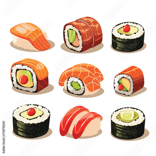 Sushi rolls Japanese seafood set. Asia cuisine restaurant delicious. Vector