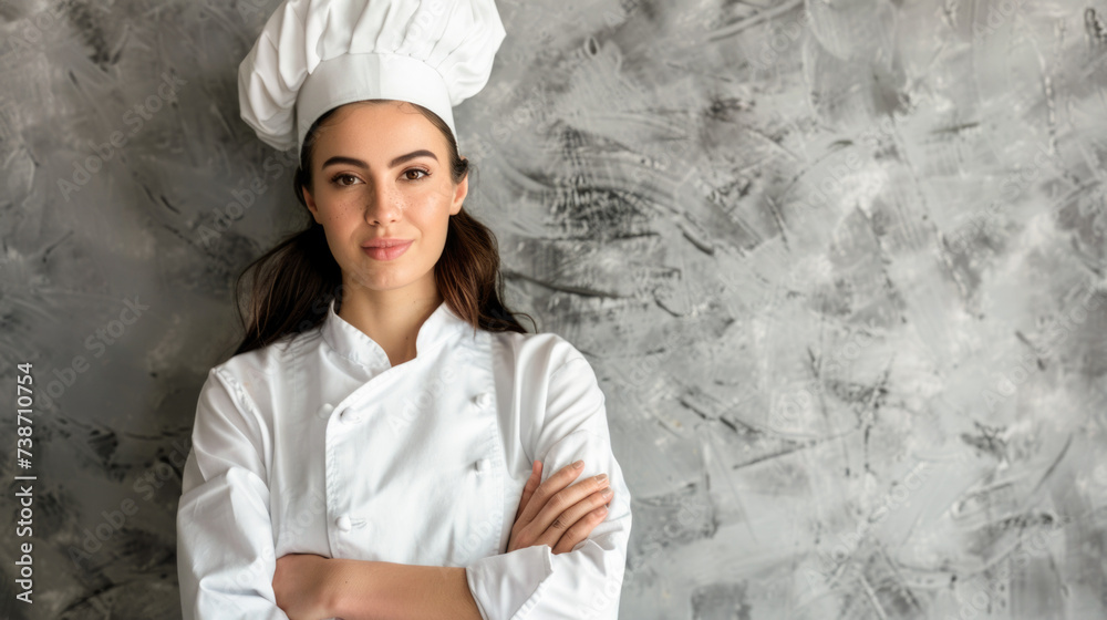 Confident Female Chef in Professional Kitchen Attire Confident Female Chef in Professional Kitchen Attire