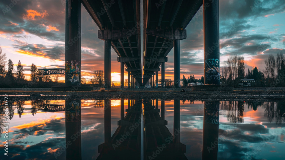 Stunning Sunset Underneath a Bridge Reflecting on the Water