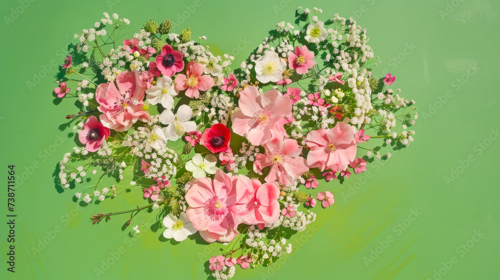 Heart-shaped Floral Arrangement on Vibrant Green Background for Romantic Concepts